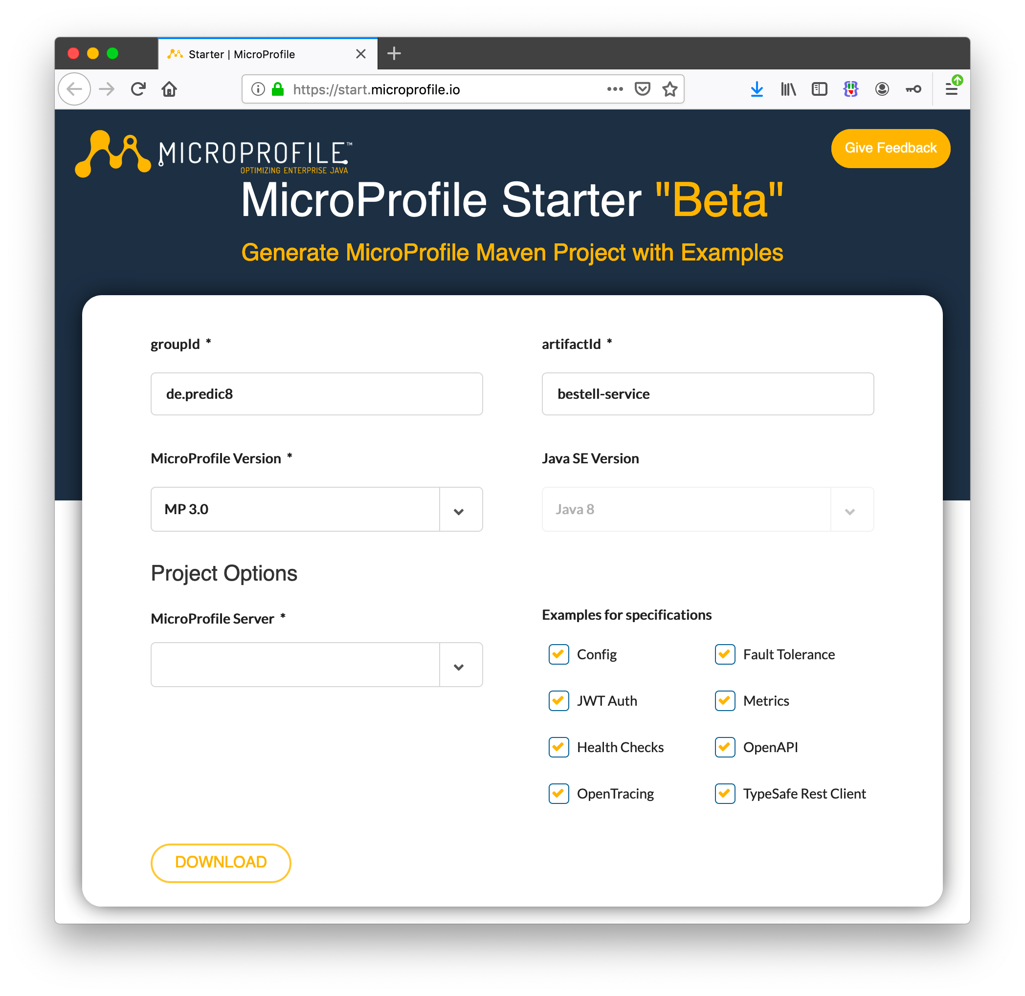 Beta Version des MicroProfile Projekt Generators
